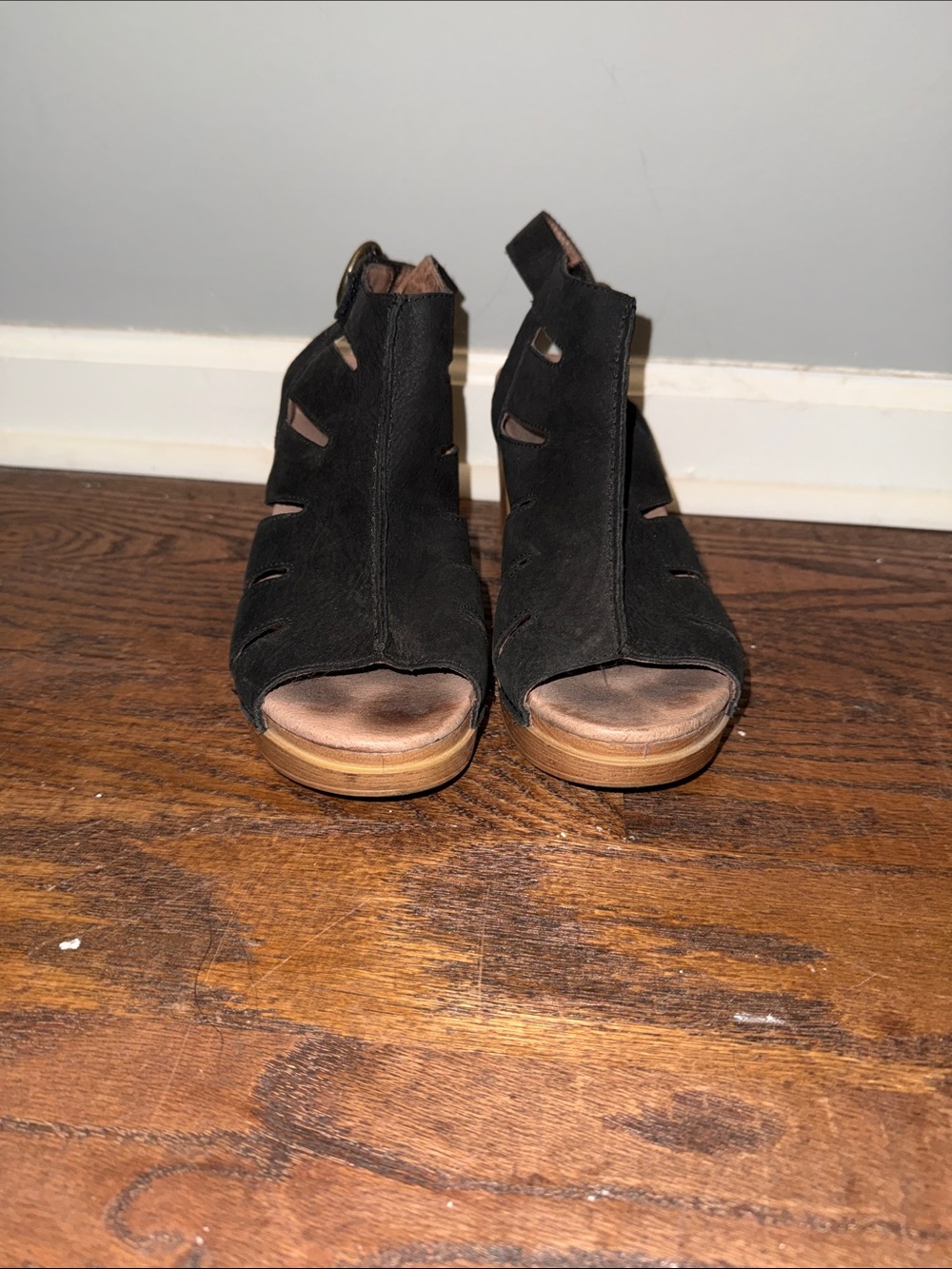 Dansko Black Suede Cutout Wedge Sandals